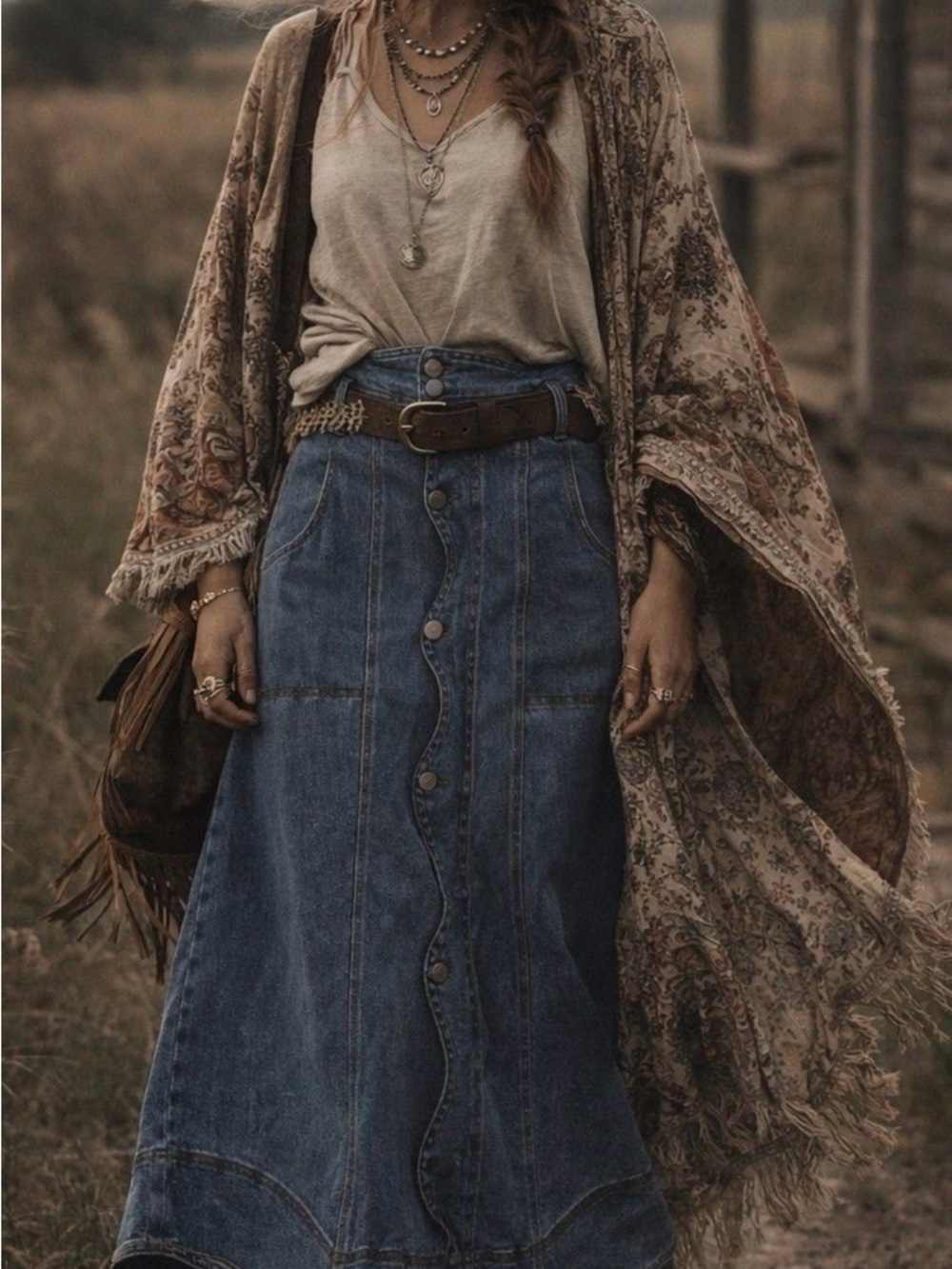 Blue b Denim Maxi Skirt with Button Front